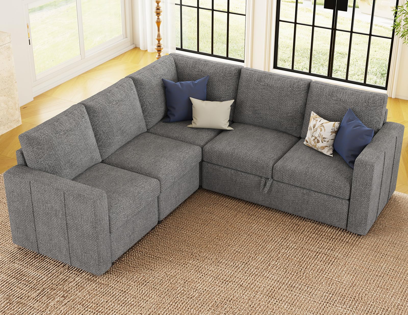 Belffin L Shape Modular Sectional Sleeper Sofa with Pull Out Bed Corner Sleeper Sofa Sectional Couch Convertible Sofa Grey