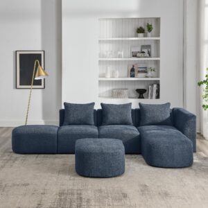 ACQCA 113“ L Shape Sectional Sofa with Right Side Chaise and Two Removable Ottoman, Upholstered Modular Couch w/Pillows for Living Room, Office, DIY Combination, Navy