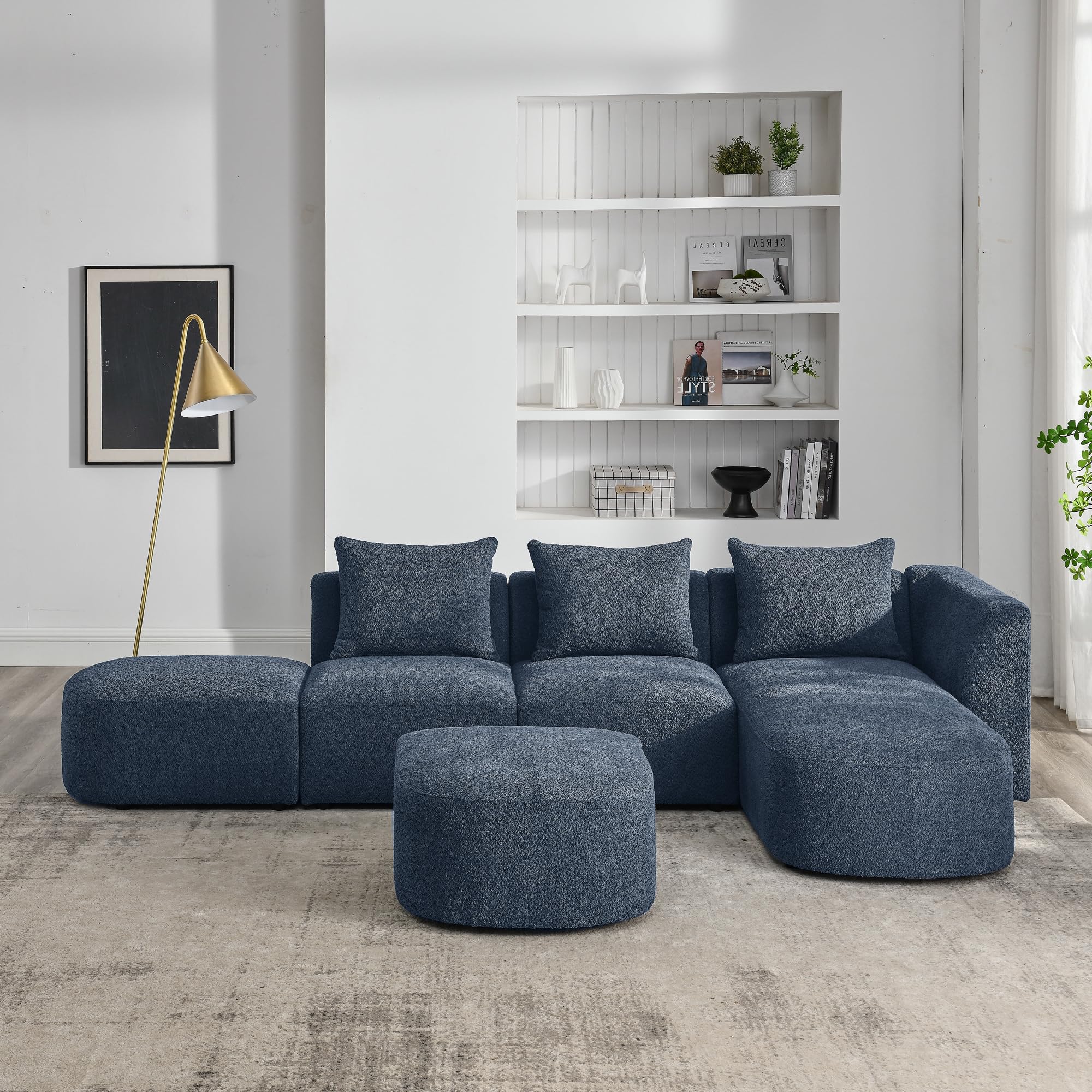 ACQCA 113“ L Shape Sectional Sofa with Right Side Chaise and Two Removable Ottoman, Upholstered Modular Couch w/Pillows for Living Room, Office, DIY Combination, Navy