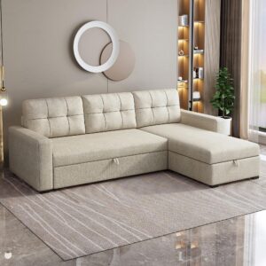 favfurish 81.5" sectional sleeper sofa with chaise storage and pull-out bed,living room convertible couch with tufted linen backrest,reversible 3-seater for apartment,office,beige