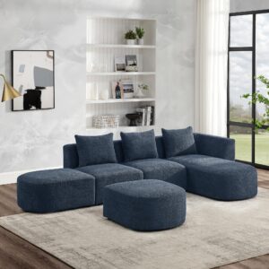 acqca 113“ l shape sectional sofa with right side chaise and two removable ottoman, upholstered modular couch w/pillows for living room, office, diy combination, navy