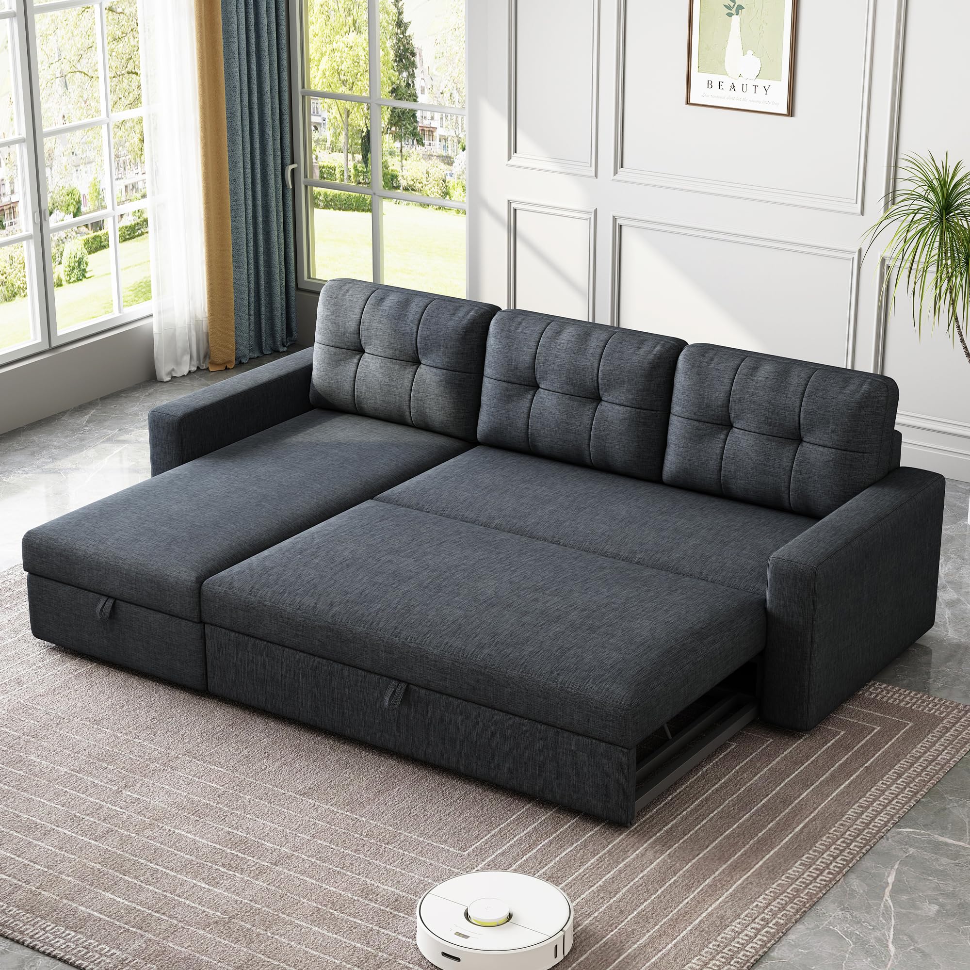 Favfurish 81.5" Sectional Sleeper Sofa with Storage Chaise, L Shaped Pull Out Couch Bed with 3 Removable Back Cushion for Living Room,Apartment,Dark Grey