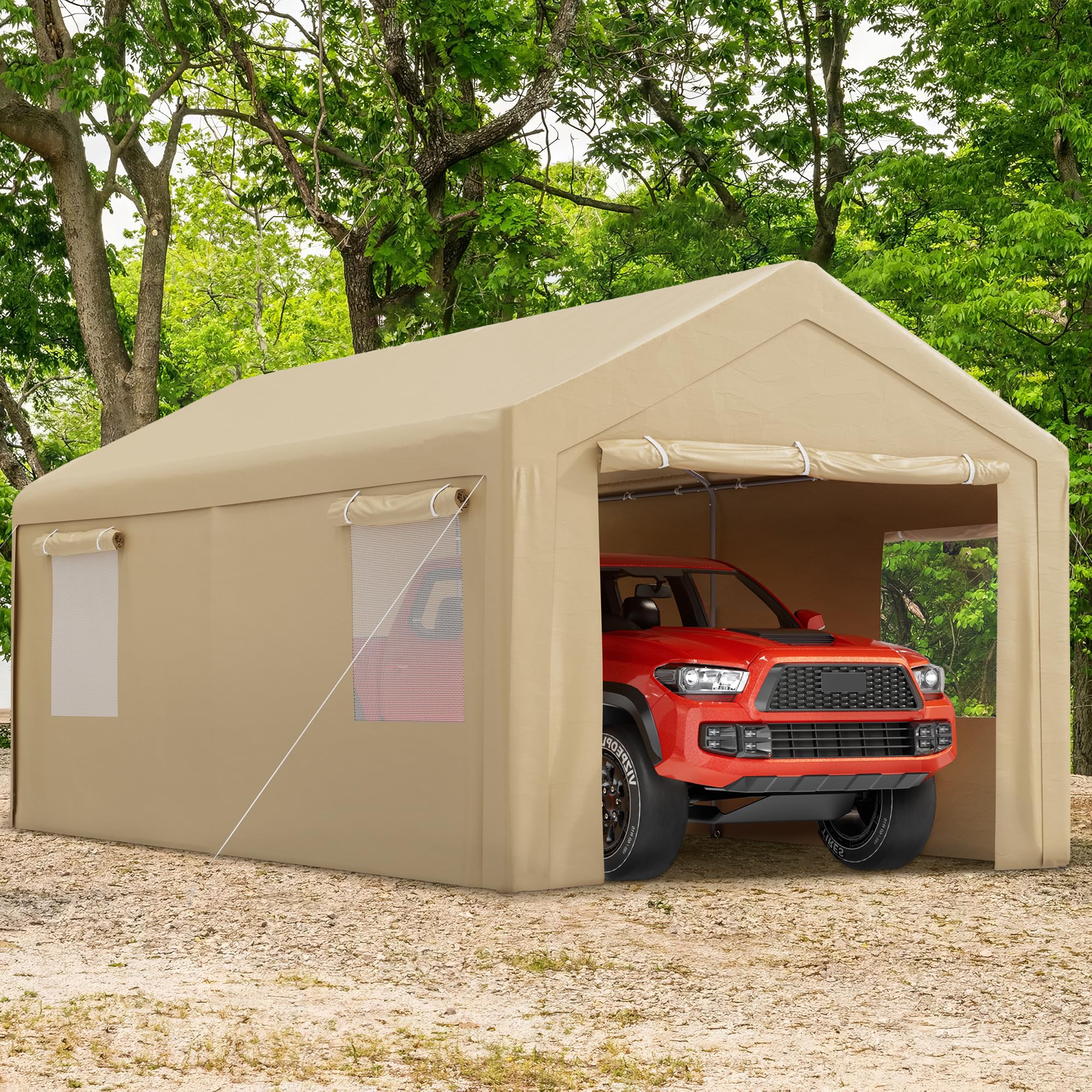 Betterland Carport, 10'x 20' Heavy Duty Carport Canopy，Outdoor Portable Garage with 2 Roll-up Doors & 4 Mesh Windows,All Weather Outside Car Shed for Car, Pickup,and Boat, Khaki