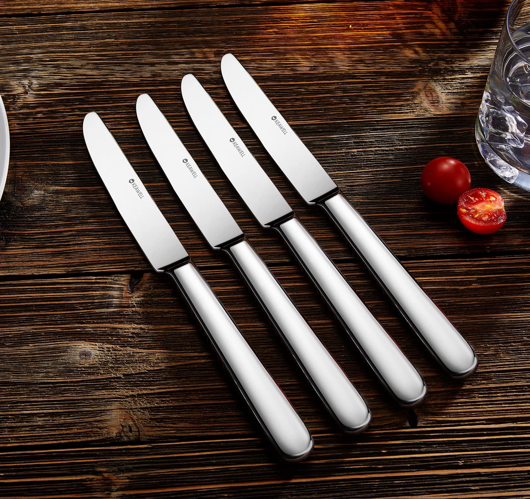 KEAWELL Premium 9.3" Louise Dinner Knives, Set of 4, Brightly-Mirror polished, Stainless Steel, Dishwasher Safe (Smooth)