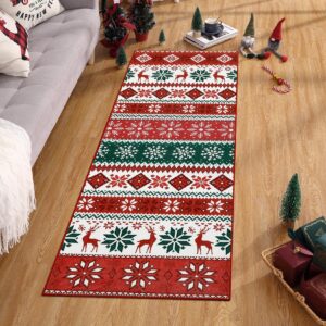 ROYHOME Hallway Runner Rug 2x6 Washable Christmas Runner Indoor Non-Slip Xmas Decorative Throw Floor Covers Boho Accent Festival Xmas Rug Farmhouse Rug Geometric Carpet for Living Room Bedroom, Red