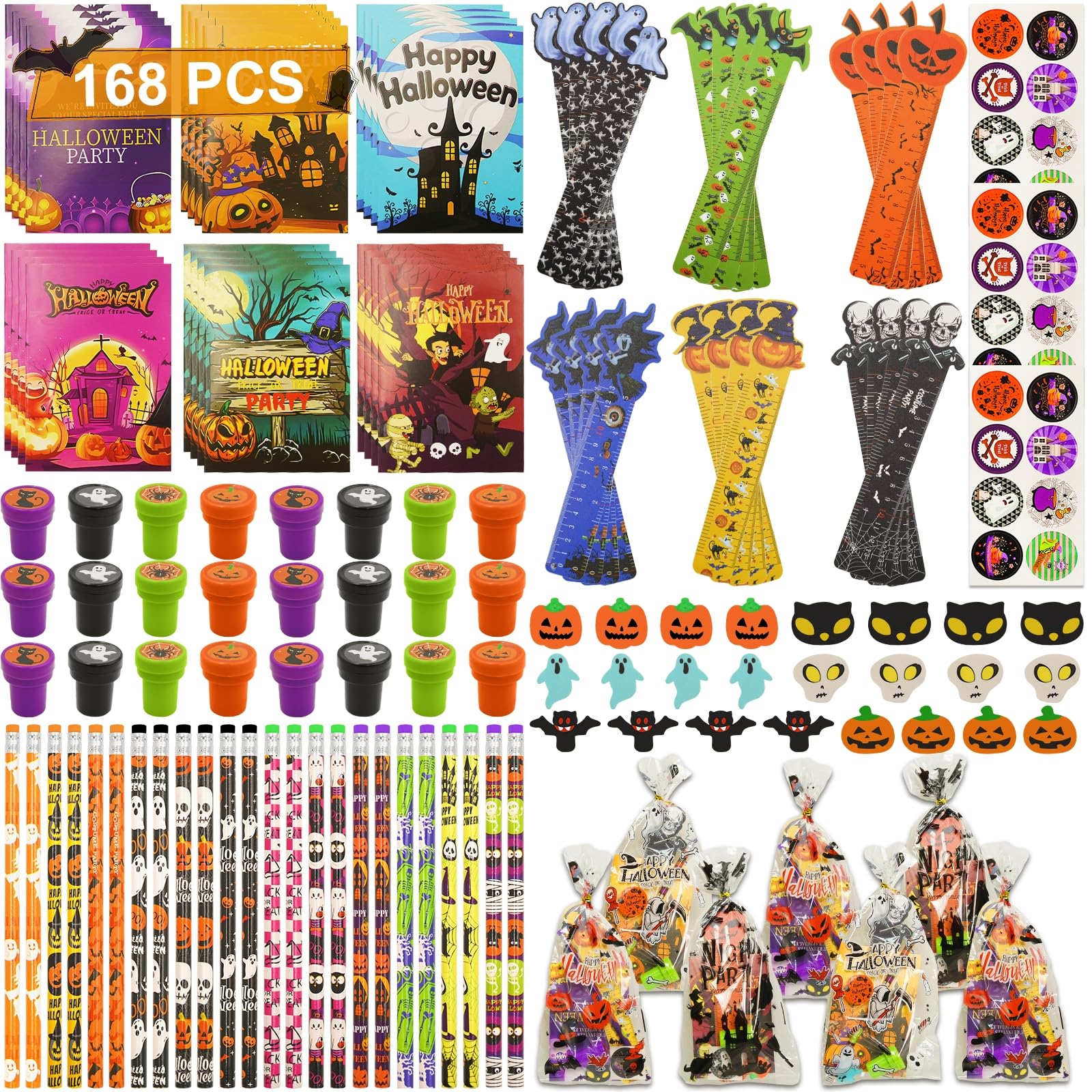 168 PCS Halloween Party Favors 24 Pack Halloween Stationery for kids Trick or Treat Gifts for Halloween Party Classroom School Supplies Prizes Rewards Halloween Goodie Bag Stuffers Halloween Toys