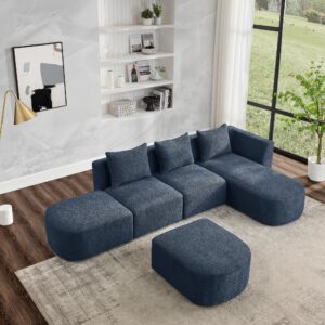 ACQCA 113“ L Shape Sectional Sofa with Right Side Chaise and Two Removable Ottoman, Upholstered Modular Couch w/Pillows for Living Room, Office, DIY Combination, Navy