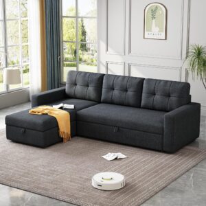 Favfurish 81.5" Sectional Sleeper Sofa with Storage Chaise, L Shaped Pull Out Couch Bed with 3 Removable Back Cushion for Living Room,Apartment,Dark Grey