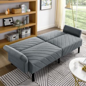 Velvet Futon Sofa Bed Couch, Convertible Sleeper Sofa with Adjustable Armrests and Backrest, 78" 3 Seats for Living Room, Office, Apartment (Grey)