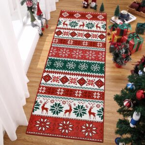 ROYHOME Hallway Runner Rug 2x6 Washable Christmas Runner Indoor Non-Slip Xmas Decorative Throw Floor Covers Boho Accent Festival Xmas Rug Farmhouse Rug Geometric Carpet for Living Room Bedroom, Red