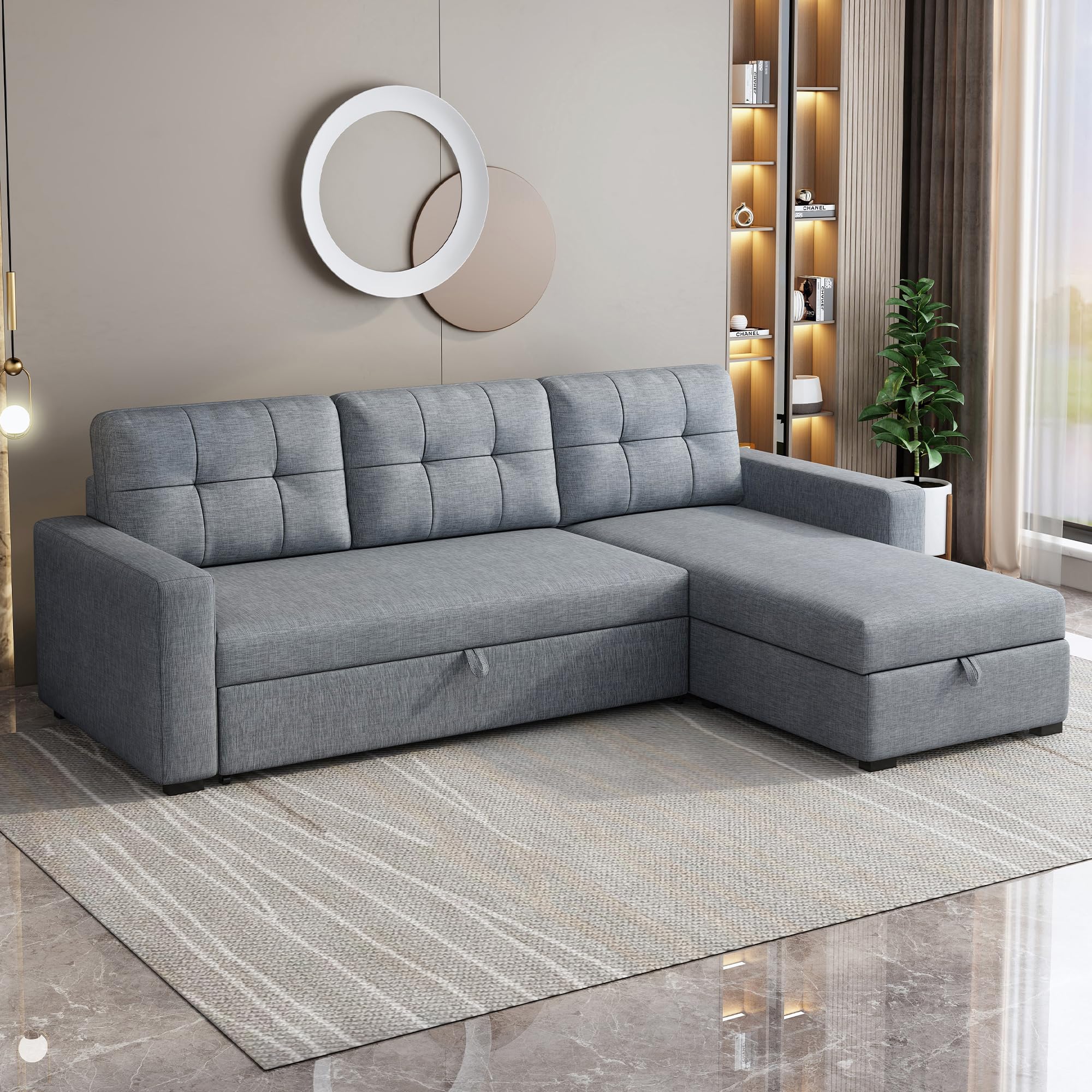 Favfurish 81.5" Sectional Sleeper Sofa with Storage Chaise, L Shaped Pull Out Couch Bed with 3 Removable Back Cushion for Living Room,Apartment,Office, Ligt Grey