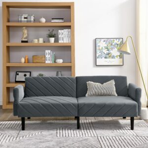 Velvet Futon Sofa Bed Couch, Convertible Sleeper Sofa with Adjustable Armrests and Backrest, 78" 3 Seats for Living Room, Office, Apartment (Grey)