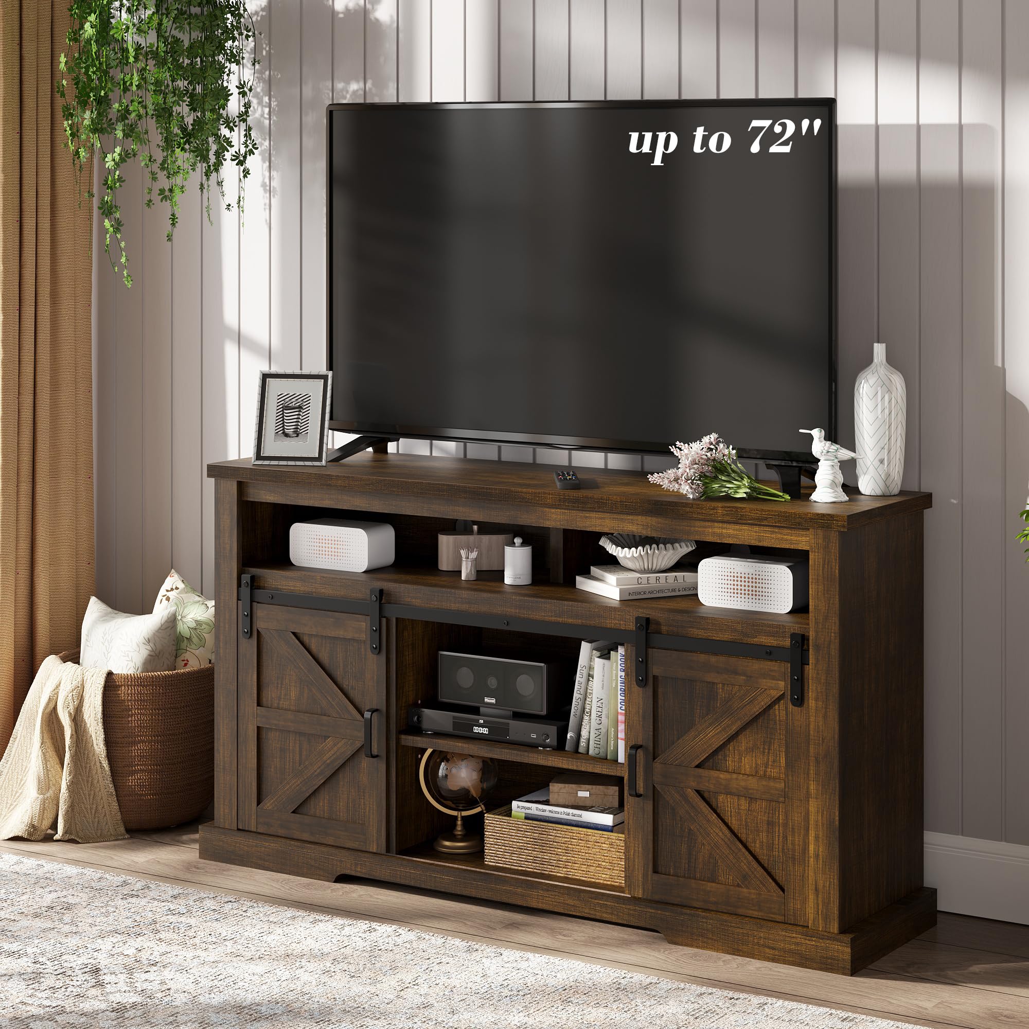 Fiona's magic TV Stand for 65+ Inch TV, Farmhouse Entertainment Center with Sliding Barn Doors, Wood Rustic Console Table with Storage Cabinets, TV Cabinet Media Console for Living Room (Barnwood)