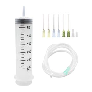 1pcs 300ml large syringes with tube for liquid plastic syringes with 1.0m hose glue needle and tip cap for glue dispensing, garden watering, inking, refilling, and measuring (1set 300ml syringe)