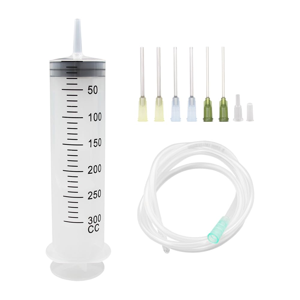 1pcs 300ml Large Syringes with Tube for Liquid Plastic syringes with 1.0m hose glue needle and tip cap for glue dispensing, garden watering, inking, refilling, and measuring (1set 300ml Syringe)