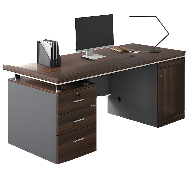 LITFAD Wood Office Computer Desk with Cabinet and Locking Drawer, Cord Management, Modern Executive Desk Simple Writing Desk Home Office Furniture Without Chairs, Brown 47.2" L x 23.6" W x 30.3" H