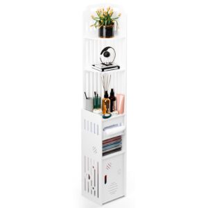 cadciehe bathroom cabinet, small bathroom storage cabinet, over the toilet storage cabinet for skinny bathroom corner floor, narrow bathroom cabinet with paper dispenser, trash can & shelves white