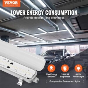 VEVOR 4FT LED Vapor Tight Light, 60W, 7400LM Vapor Proof Light Fixture with 5000K IP65 Waterproof, for Outdoor Semi-Outdoor Cold Environments Parking Lot Warehouse Walk-in Freezer Car Wash, 4-Pack