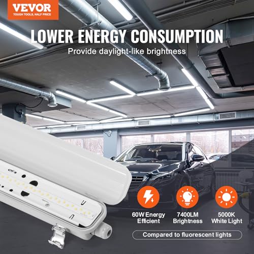 VEVOR 4FT LED Vapor Tight Light, 60W, 7400LM Vapor Proof Light Fixture with 5000K IP65 Waterproof, for Outdoor Semi-Outdoor Cold Environments Parking Lot Warehouse Walk-in Freezer Car Wash, 4-Pack