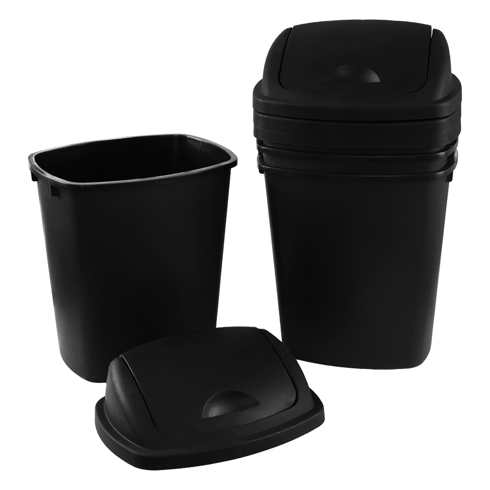 Qskely 6 Gallon Plastic Swing Top Trash Can for Kitchen, Set of 4 Small Garbage Can with Swing Top Lid, Black