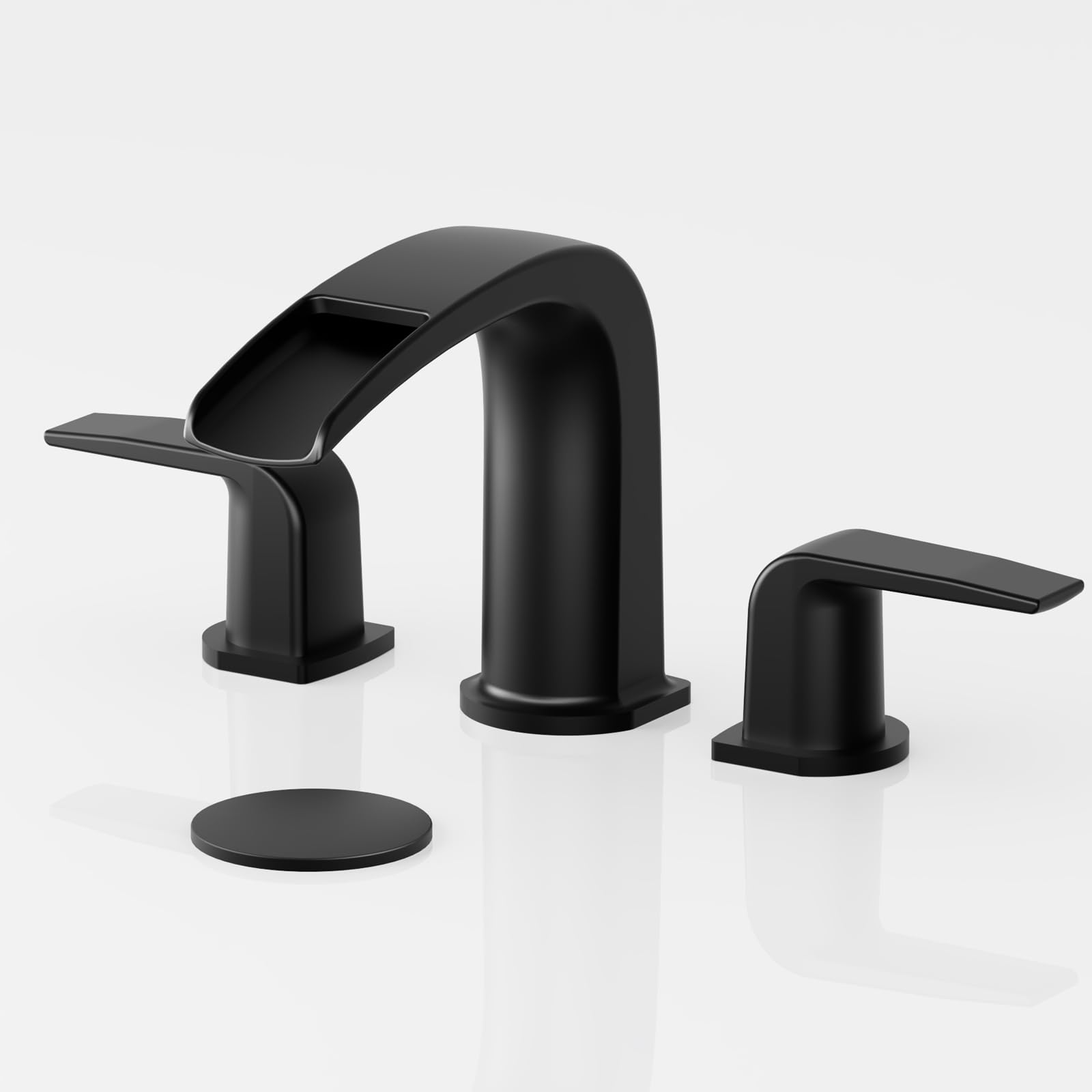 Waterfall Bathroom Sink Faucet, 3 Hole Matte Black Brass Modern Deck Mount 2 Handle Vanity Faucet with Metal Pop-up Drain Stopper & Water Supply Hoses