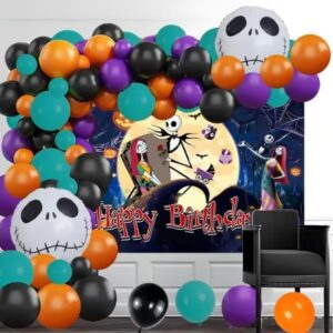 121 pcs nightmare christmas balloon arch kit, halloween decoration set, blue purple orange black latex balloons,halloween foil balloons and background, for halloween party decoration