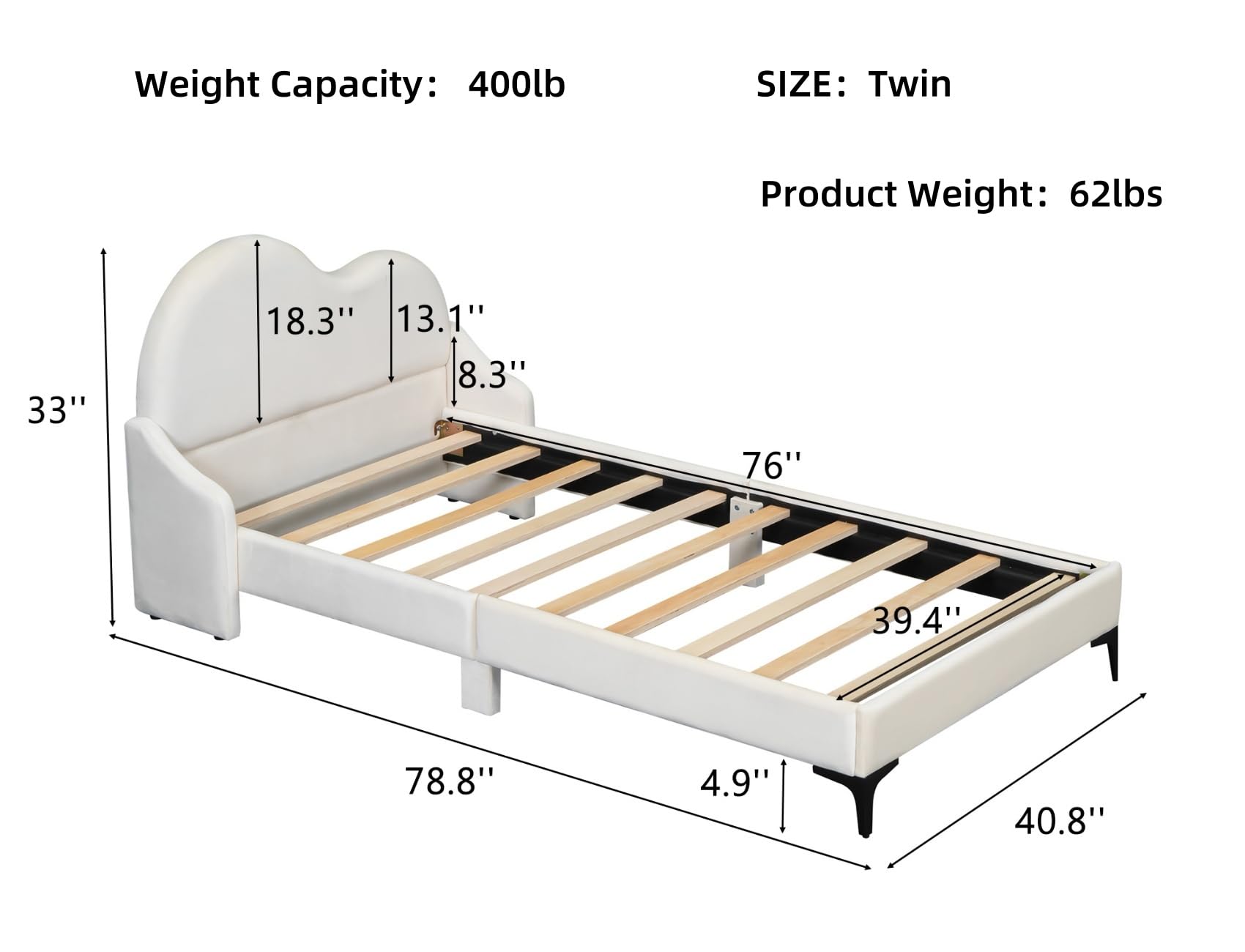 Merax Twin Bed Frames for Kids, Platform with Cloud- Shaped Upholstered Headboard, Beige