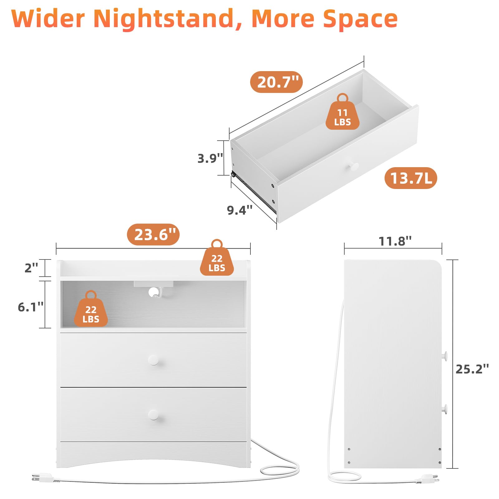 Memobarco Nightstand with Charging Station and LED Light,Modern Nightstand with USB Ports and Outlets,Wood Bedside Tables with 2 Storage Drawers,Small Dresser for Bedroom Small Space,White