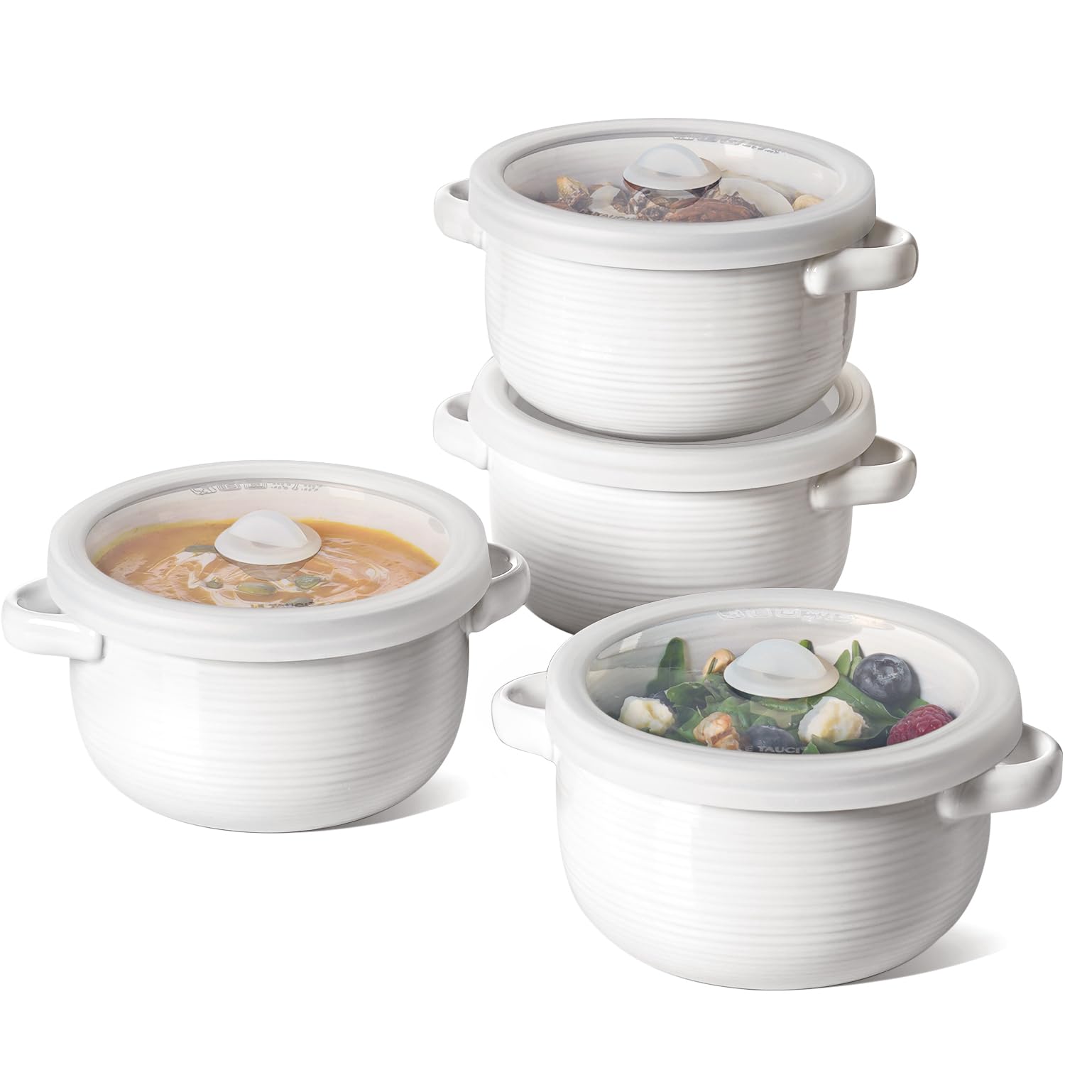 LE TAUCI Soup Bowls with Handles and Silicone Lids, 28 oz Ceramic French Onion Soup Bowls, Oven & Microwave Safe Ramen Cooker for Cereal, Chilli and Stew Beef, Non-Toxic Soup Crocks, Set of 4, White