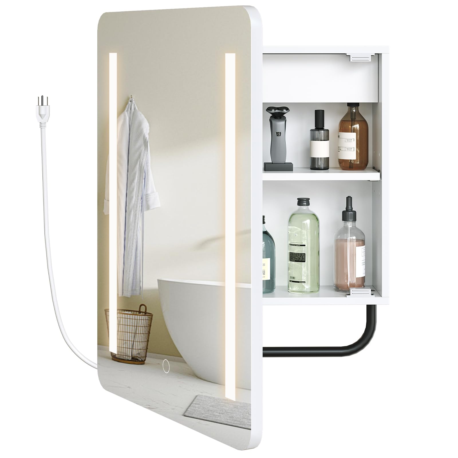 HOOBRO Bathroom Medicine Cabinet with Mirror and Lights, Wall-Mounted Cabinet with Storage, Lighted Medicine Cabinet with LED Lights, Adjustable Shelf, Charging Station, 2 Power Outlets, White