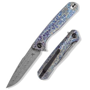 kansept qilin pocket folding knives for men edc camping knife 3.24'' damascus blade with titanium with lightning strike finish handle k1047a3