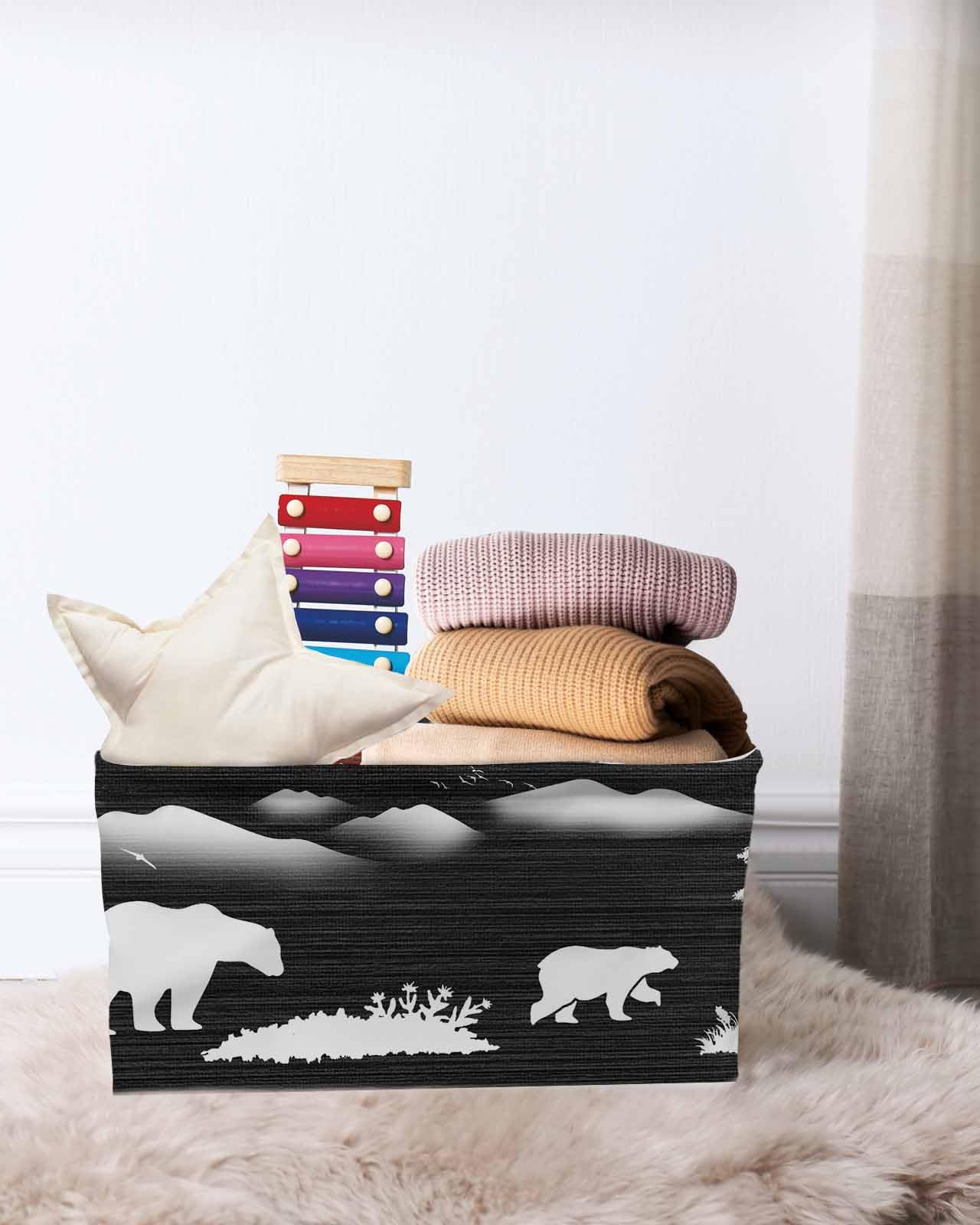 Bear Black Cube Storage Organizer Bins with Handles 2 Packs 15x11x9.5 Inch Collapsible Canvas Cloth Fabric Storage Basket for Shelves,Closet Forest Animal Tree Birds Abstract Mountain White