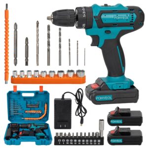 pohyeol 21v max cordless drill driver, with 2 lithium batteries and charger,2 variable speed,with led work light,with 43pcs drill driver bits kit, screws set,tool bag