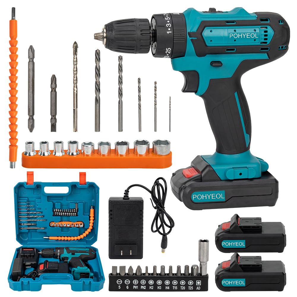 POHYEOL 21V MAX Cordless Drill Driver, with 2 Lithium Batteries and Charger,2 Variable Speed,with LED Work Light,with 43pcs Drill Driver Bits Kit, Screws Set,Tool Bag