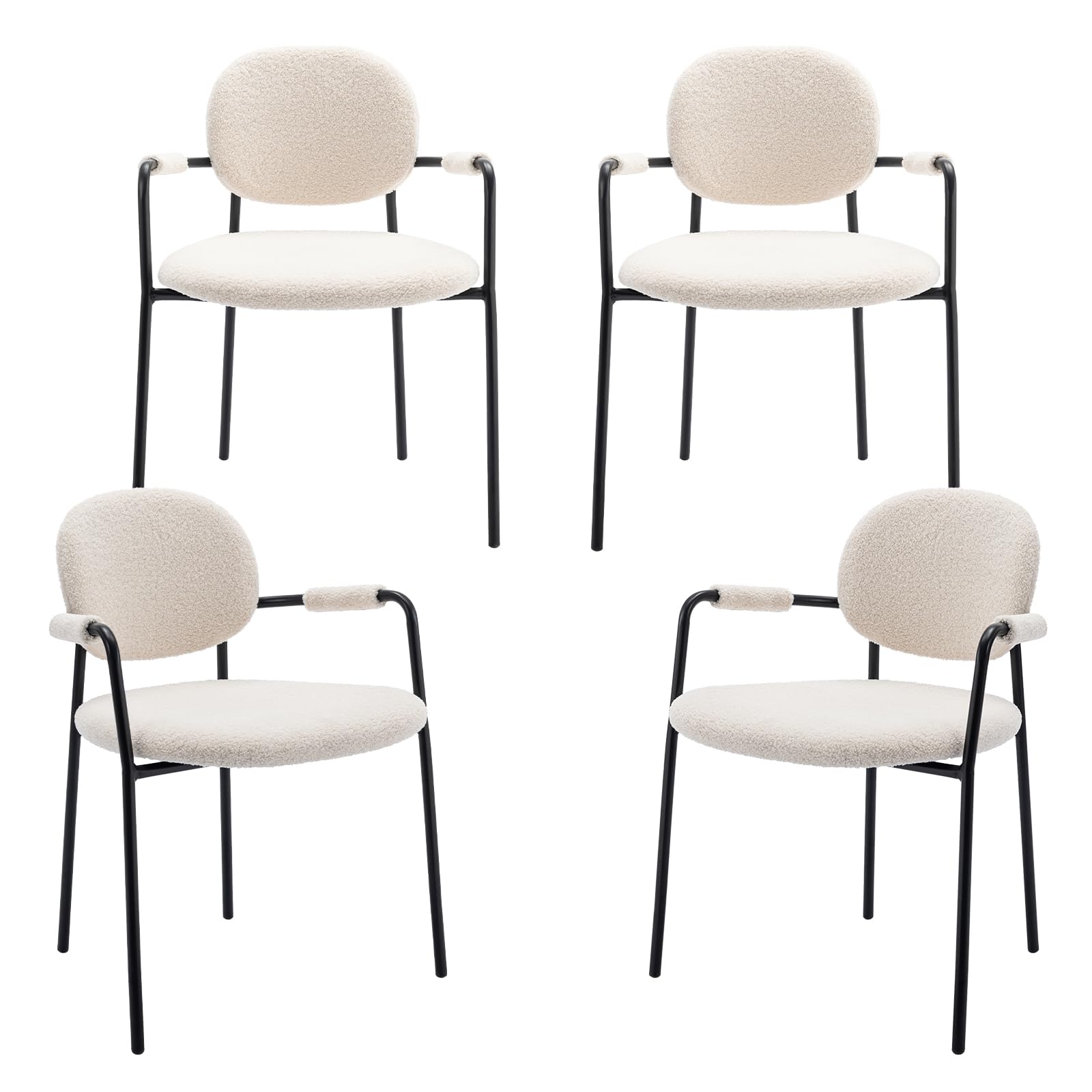 COLAMY Dining Chairs Set of 4, Modern Boucle Dining Chairs with Arms, Small Comfy Sherpa Dining Armchairs with Back for Kitchen, Dining Room, Restaurant, Cream