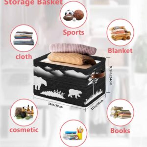 Bear Black Cube Storage Organizer Bins with Handles 2 Packs 15x11x9.5 Inch Collapsible Canvas Cloth Fabric Storage Basket for Shelves,Closet Forest Animal Tree Birds Abstract Mountain White