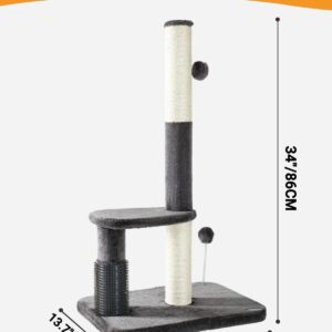 Happi N Pets 34“ Tall Cat Scratching Post for Big Cats, Natural Sisal Cat Scratchers for Indoor Cats, Heavy Duty Cat Stands Featuring with Cat Self Groomer and Hanging Toys, Free Catnip-Gray