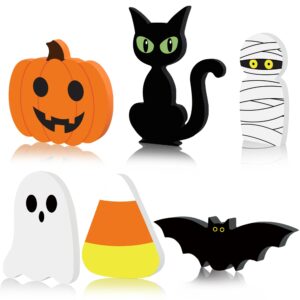 6 pcs halloween wooden decor halloween tiered tray decorations pumpkin ghost bat black cat mummy candy corn table signs rustic farmhouse table centerpiece for halloween party home shelf decor