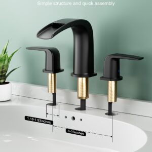 Waterfall Bathroom Sink Faucet, 3 Hole Matte Black Brass Modern Deck Mount 2 Handle Vanity Faucet with Metal Pop-up Drain Stopper & Water Supply Hoses