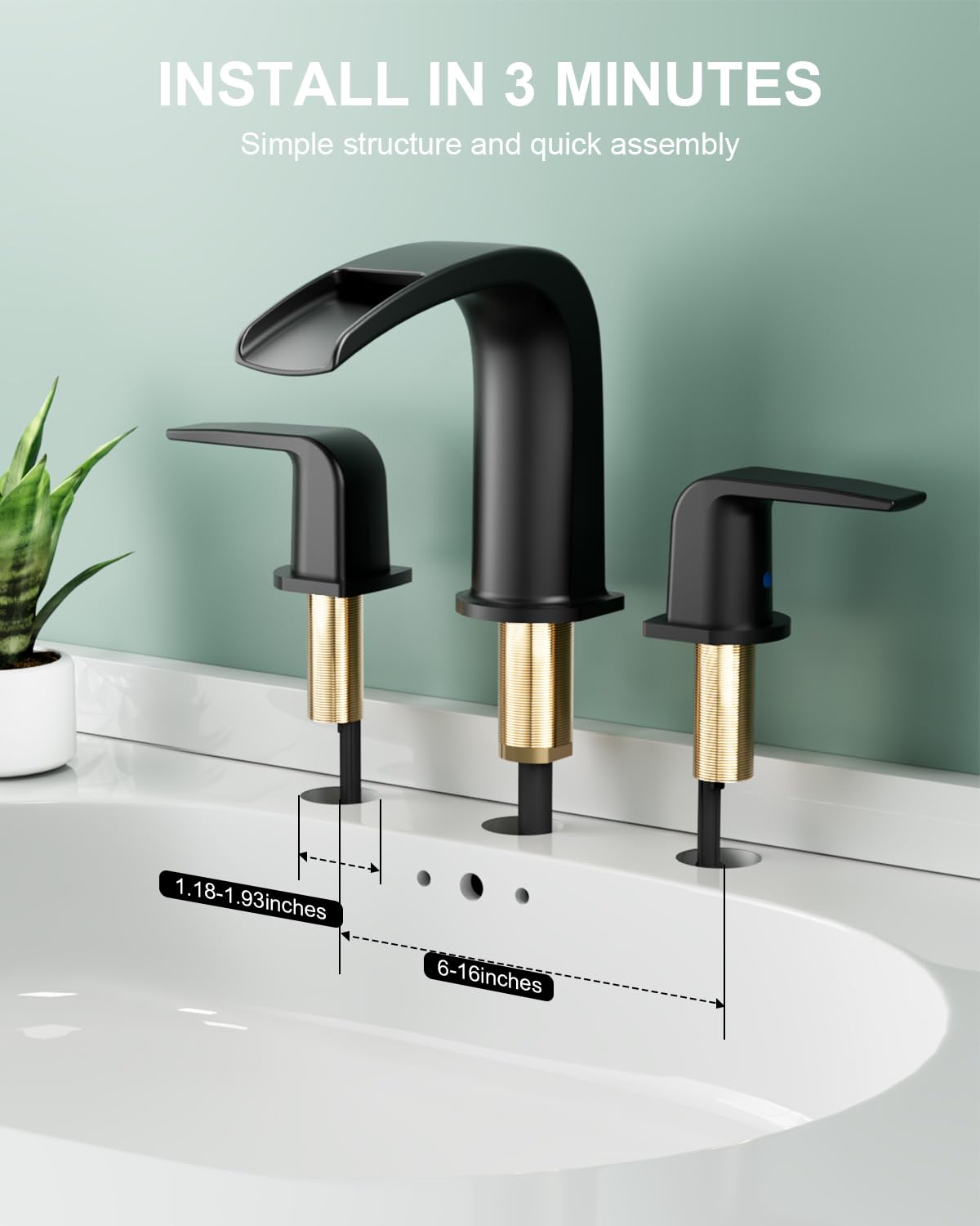 Waterfall Bathroom Sink Faucet, 3 Hole Matte Black Brass Modern Deck Mount 2 Handle Vanity Faucet with Metal Pop-up Drain Stopper & Water Supply Hoses