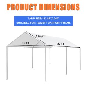 10 x 20 Ft Carport Replacement Canopy Cover, Heavy Duty Top Cover for Car Garage, Tear-Proof, Anti-UV & Waterproof Party Tent Shelter Tarp with 42 Ball Bungees (Only Cover, Frame Not Include) White