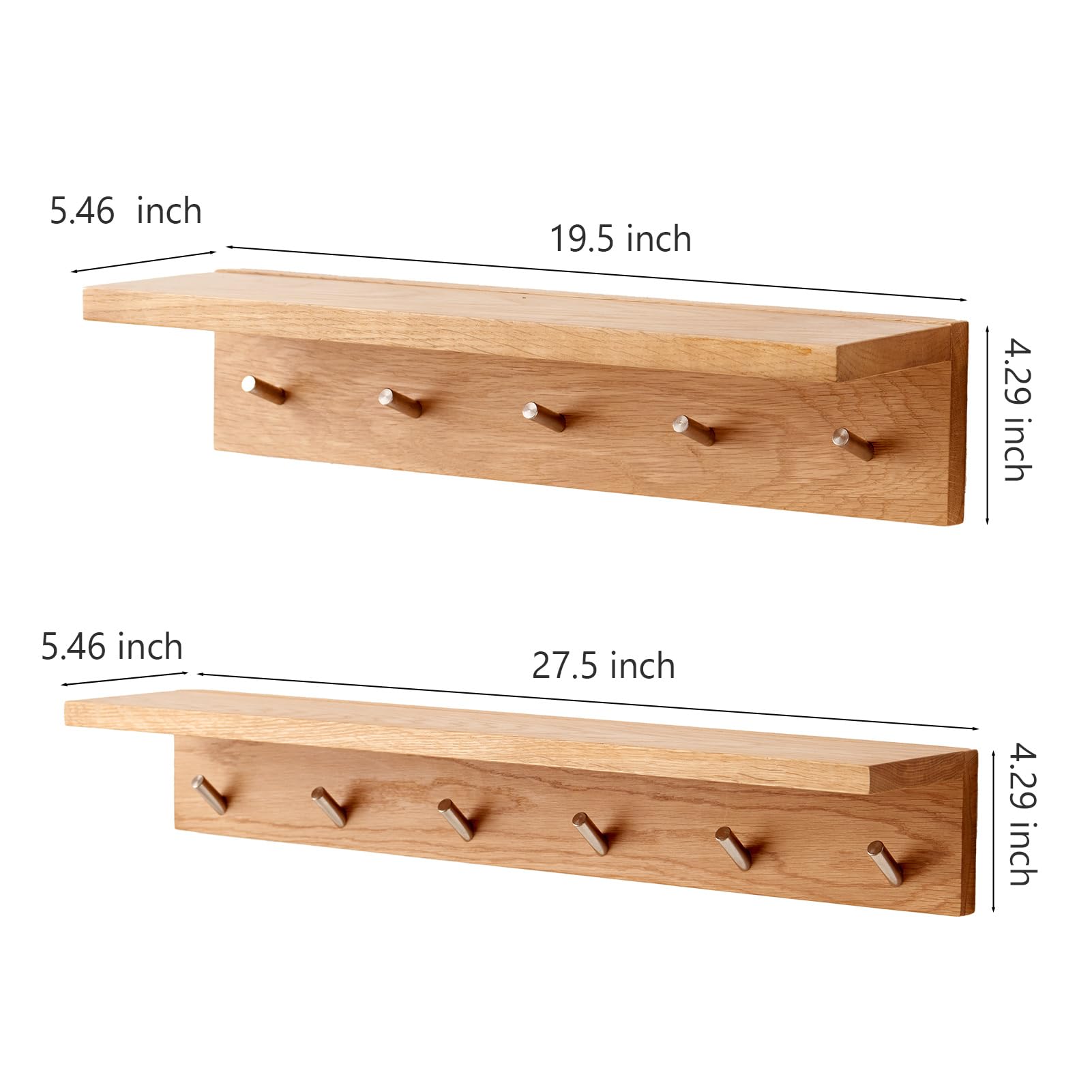 OAKERLAND Oak Wood Wall Shelf with 5 Hooks, Entryway Shelf Coat Rack with Hooks Floating Shelves with Hooks for Clothes Hats Towel Purse Robes, Bathroom Mudroom Bedroom (20 inch)