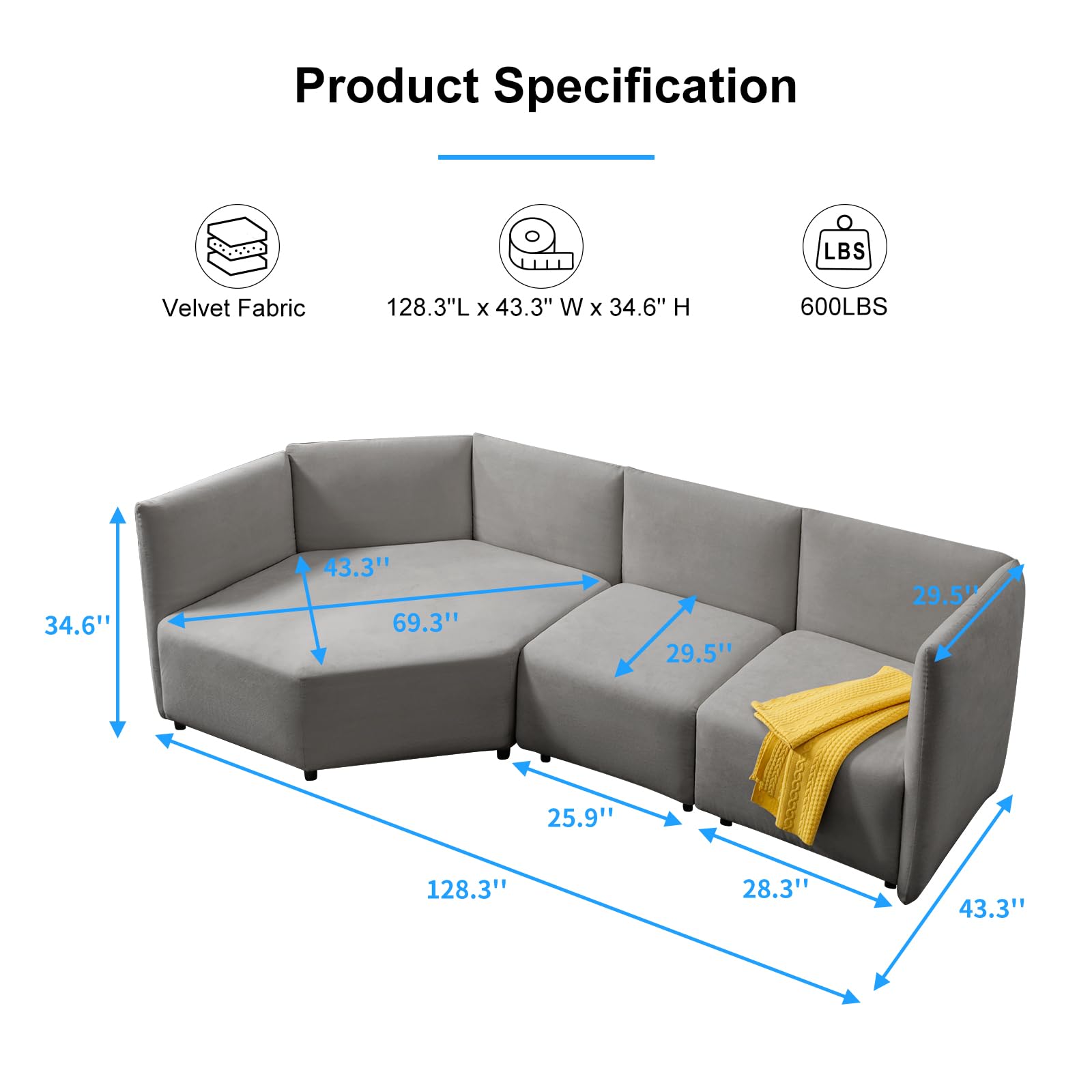 ADOWORE Modern Large Sectional Sofa Couch with Chaise, Special Petal L Shaped Modular Sofa with Adjustable Armrest and Backrest, Premium Velvet Sectional Couch for Living Room