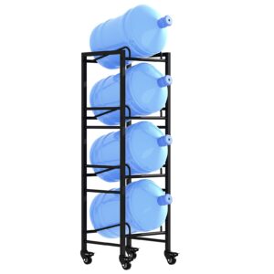 5 gallon water jug holder, moveable 4 tier heavy duty water rack with 4 wheels, rack for water jug storage, space saving water stand for four 5 gallon water jugs, black