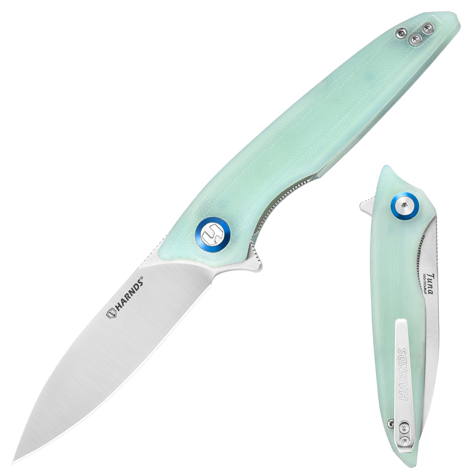 Harnds Folding Pocket Knife, Camping Knife, Survival Knife, Men's Folding Knife, Suitable for Daily Life and Outdoor Hiking, Fishing Use (Transparent Cyan)