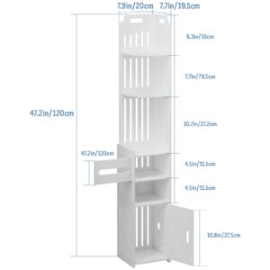 cadciehe Bathroom Cabinet, Small Bathroom Storage Cabinet, Over The Toilet Storage Cabinet for Skinny Bathroom Corner Floor, Narrow Bathroom Cabinet with Paper Dispenser, Trash Can & Shelves White