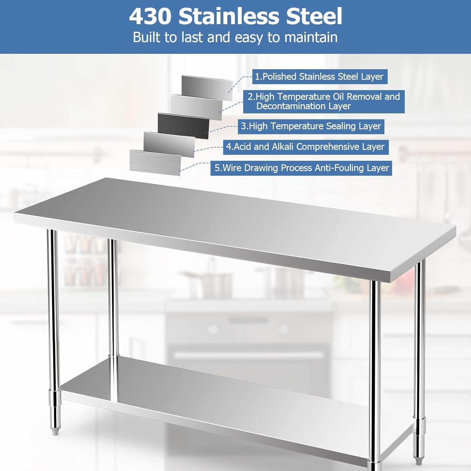 Goplus Stainless Steel Table with Wheels, 60” x 24” Rolling Kitchen Prep Table Work Table with Height Adjustable Under Shelf, Footpads, 900LBS Capacity, Food Prep Metal Table for Commercial Kitchen