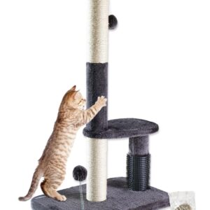 Happi N Pets 34“ Tall Cat Scratching Post for Big Cats, Natural Sisal Cat Scratchers for Indoor Cats, Heavy Duty Cat Stands Featuring with Cat Self Groomer and Hanging Toys, Free Catnip-Gray