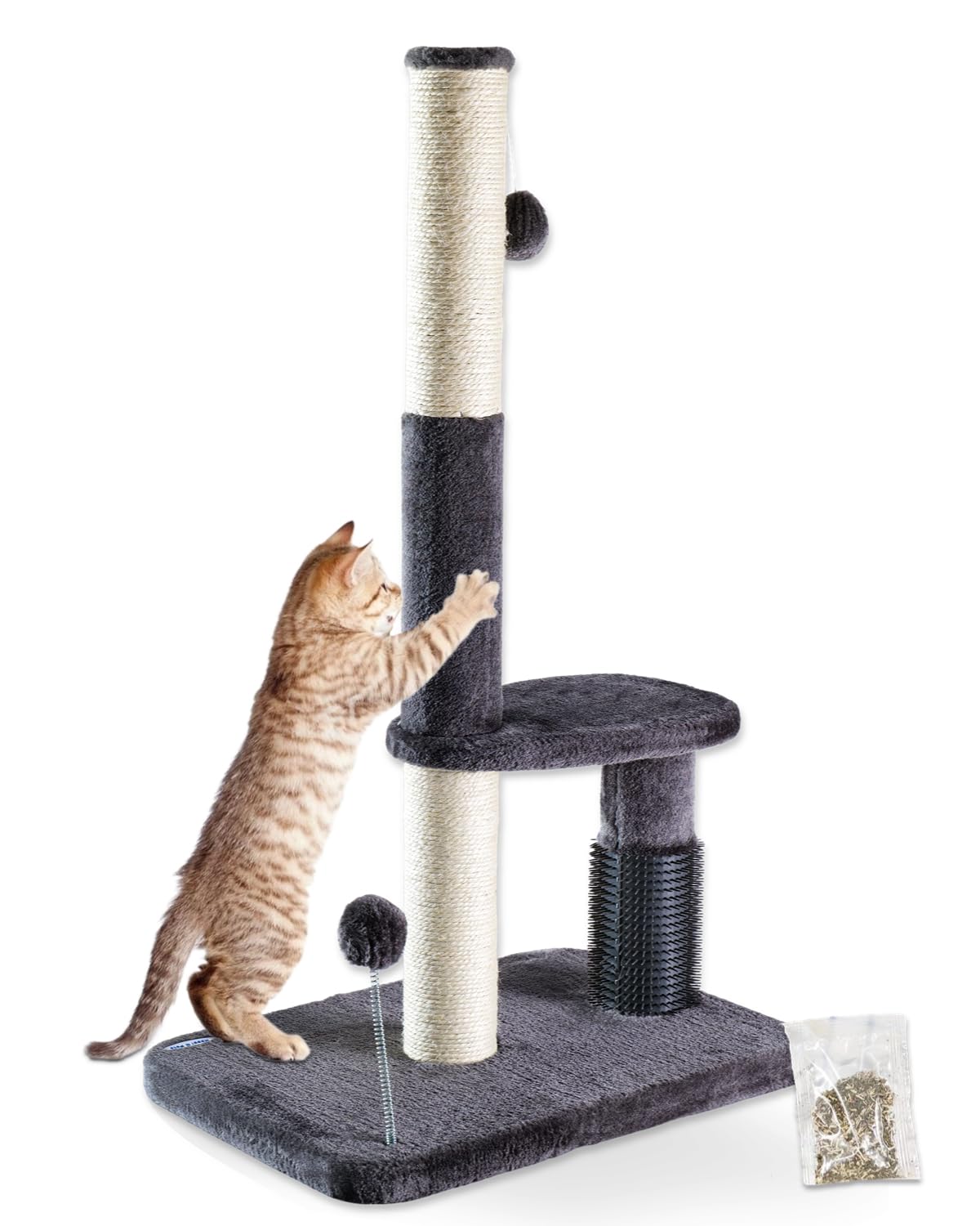 Happi N Pets 34“ Tall Cat Scratching Post for Big Cats, Natural Sisal Cat Scratchers for Indoor Cats, Heavy Duty Cat Stands Featuring with Cat Self Groomer and Hanging Toys, Free Catnip-Gray