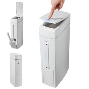 curckua bathroom trash can set 16.5x8x4.3in 1.2-gallon slim bathroom bin with toilet brush holder press-opening white rectangular toilet trash can slim trash can with lid rubbish bin waste paper bin